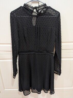Miami Black Sheer Dot Lace-Trim Long Sleeve Dress Size Large